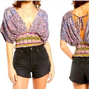Free People Smocked Elastic V Neck  Size Medium